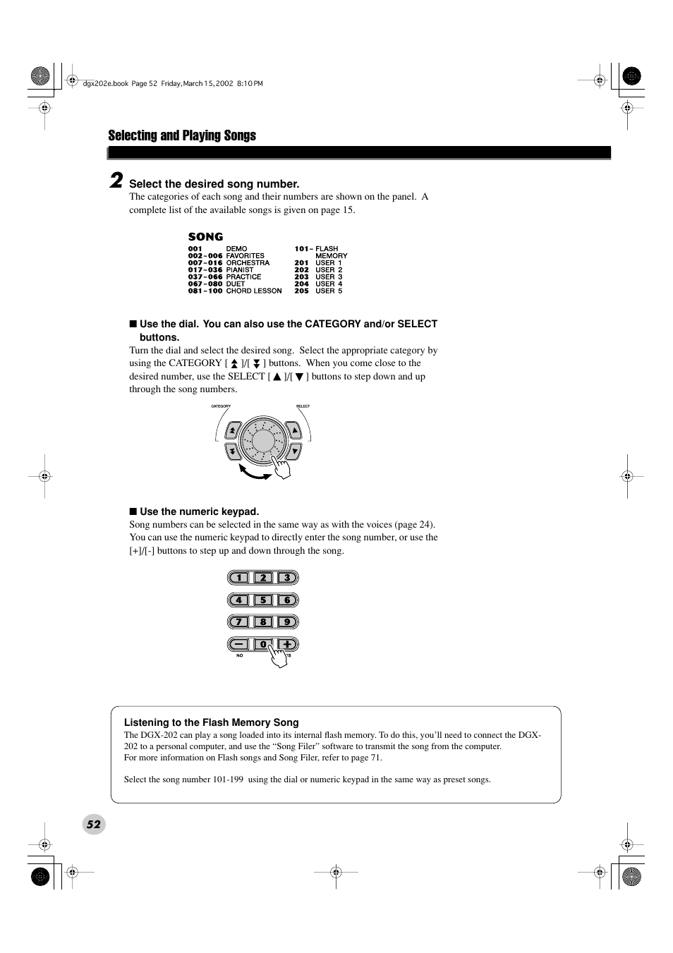 Selecting and playing songs | Yamaha DGX-202 User Manual | Page 52 / 98