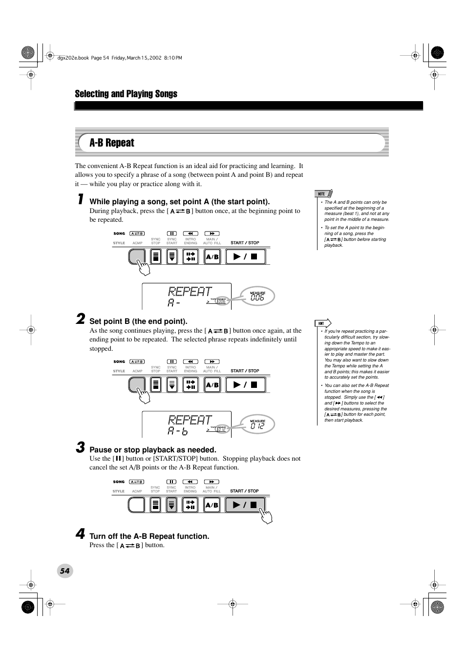 Repeat, A-b repeat, Selecting and playing songs | Yamaha DGX-202 User Manual | Page 54 / 98