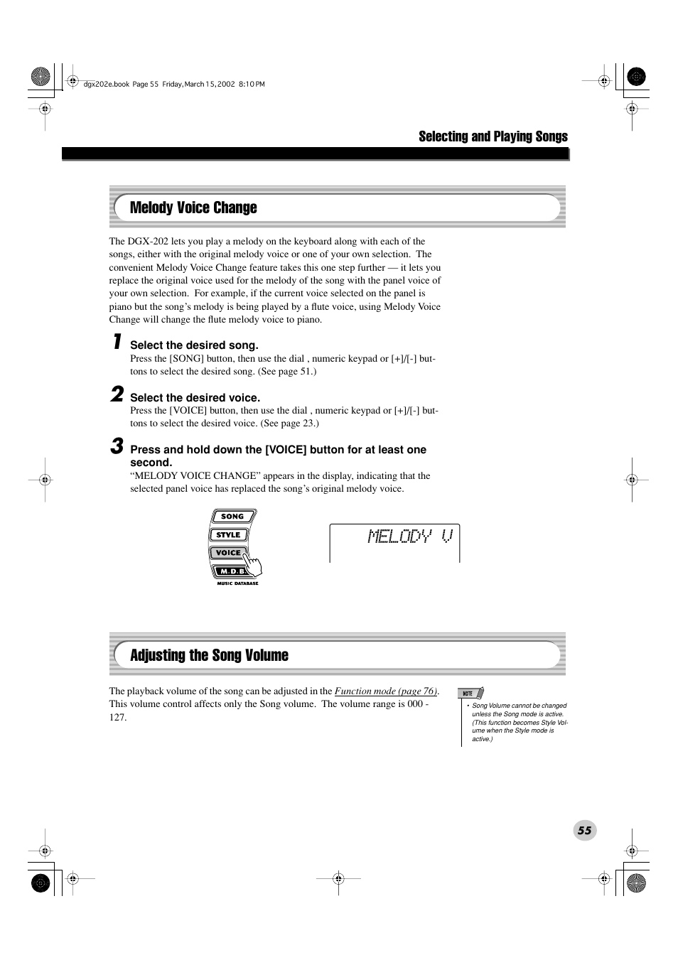 Melody v, Melody voice change, Adjusting the song volume | Yamaha DGX-202 User Manual | Page 55 / 98