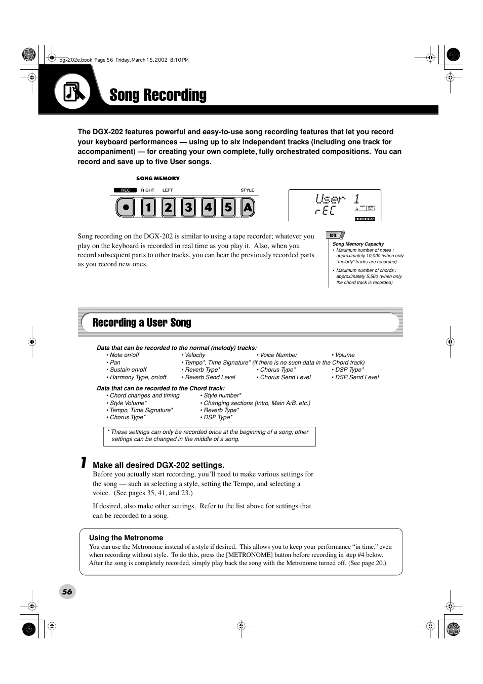 Song recording, User 1, Recording a user song | Yamaha DGX-202 User Manual | Page 56 / 98