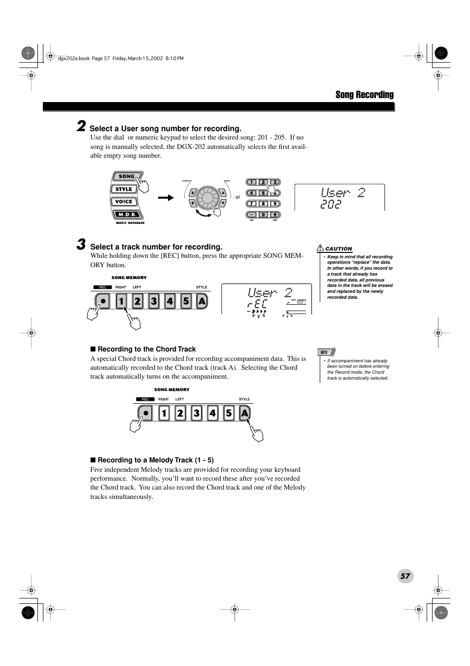 User 2, Song recording | Yamaha DGX-202 User Manual | Page 57 / 98