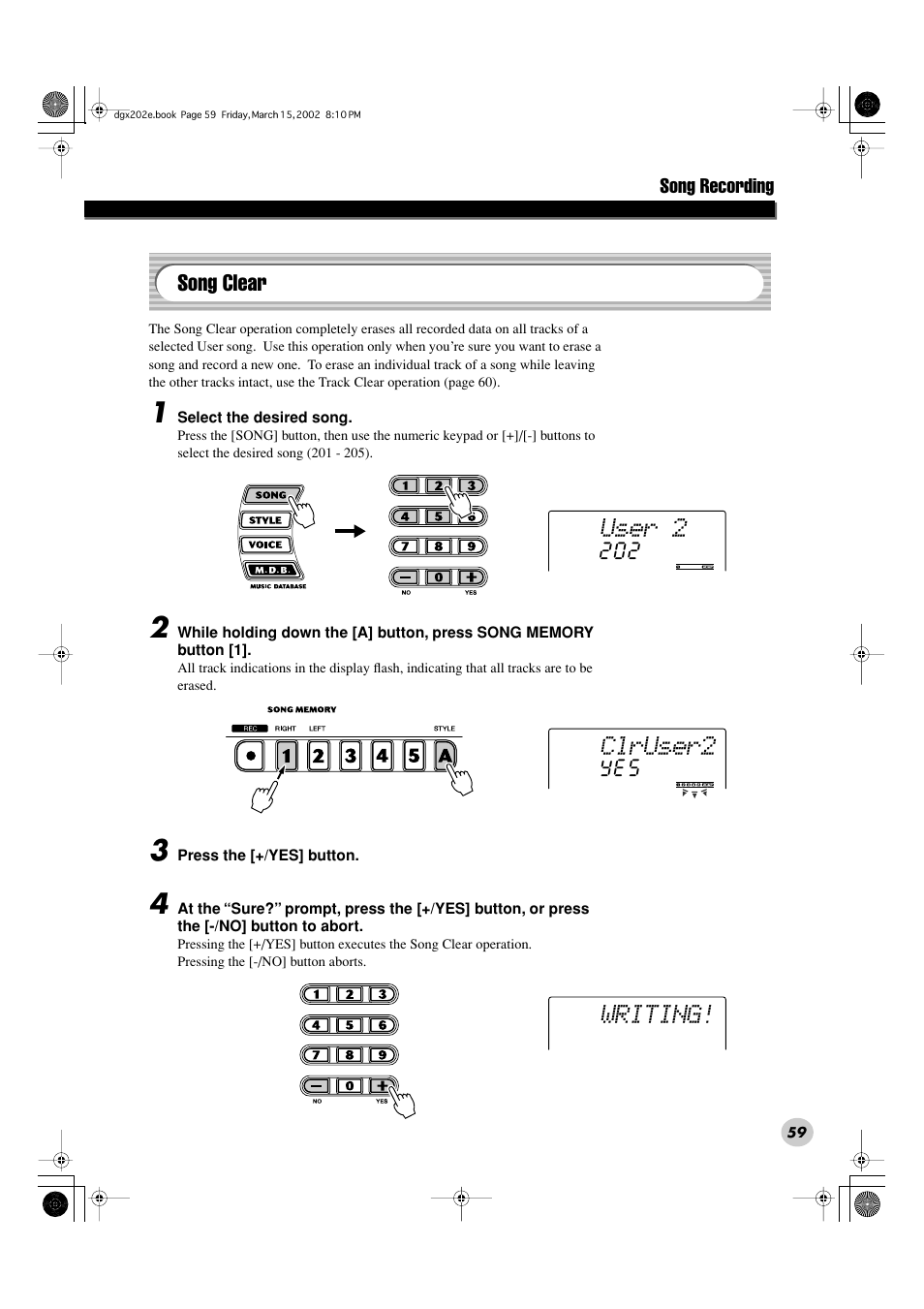 User 2, Clruser2 writing, Song clear | Yamaha DGX-202 User Manual | Page 59 / 98