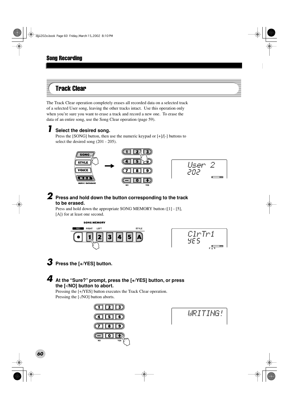 User 2, Clrtr1 writing, Track clear | Yamaha DGX-202 User Manual | Page 60 / 98