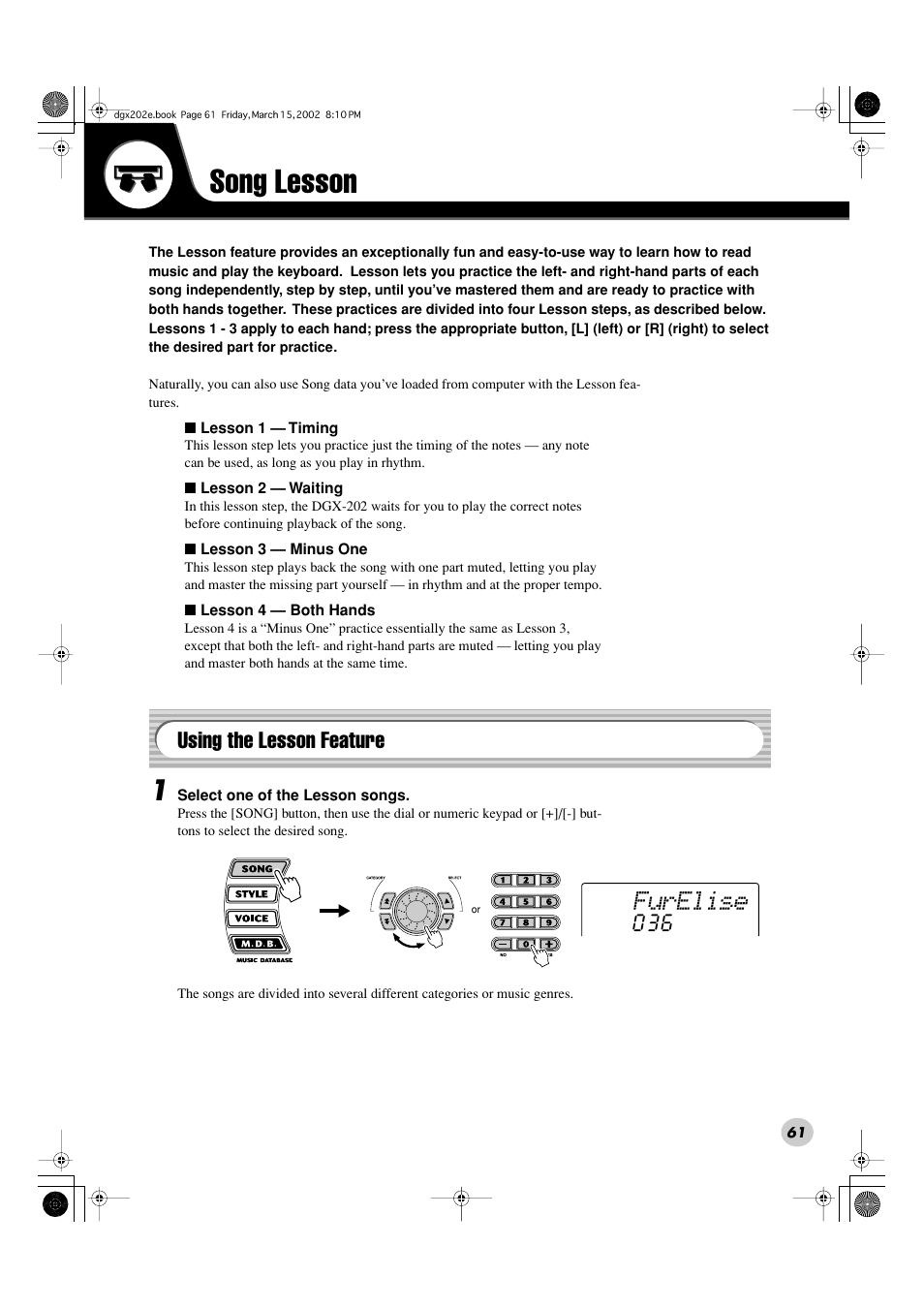 Song lesson, Furelise, Using the lesson feature | Yamaha DGX-202 User Manual | Page 61 / 98