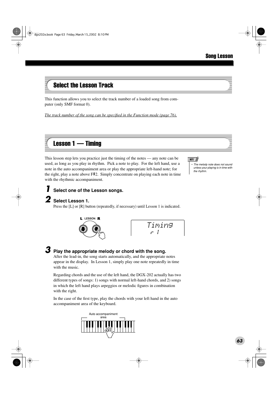 Timing, Select the lesson track lesson 1 — timing | Yamaha DGX-202 User Manual | Page 63 / 98