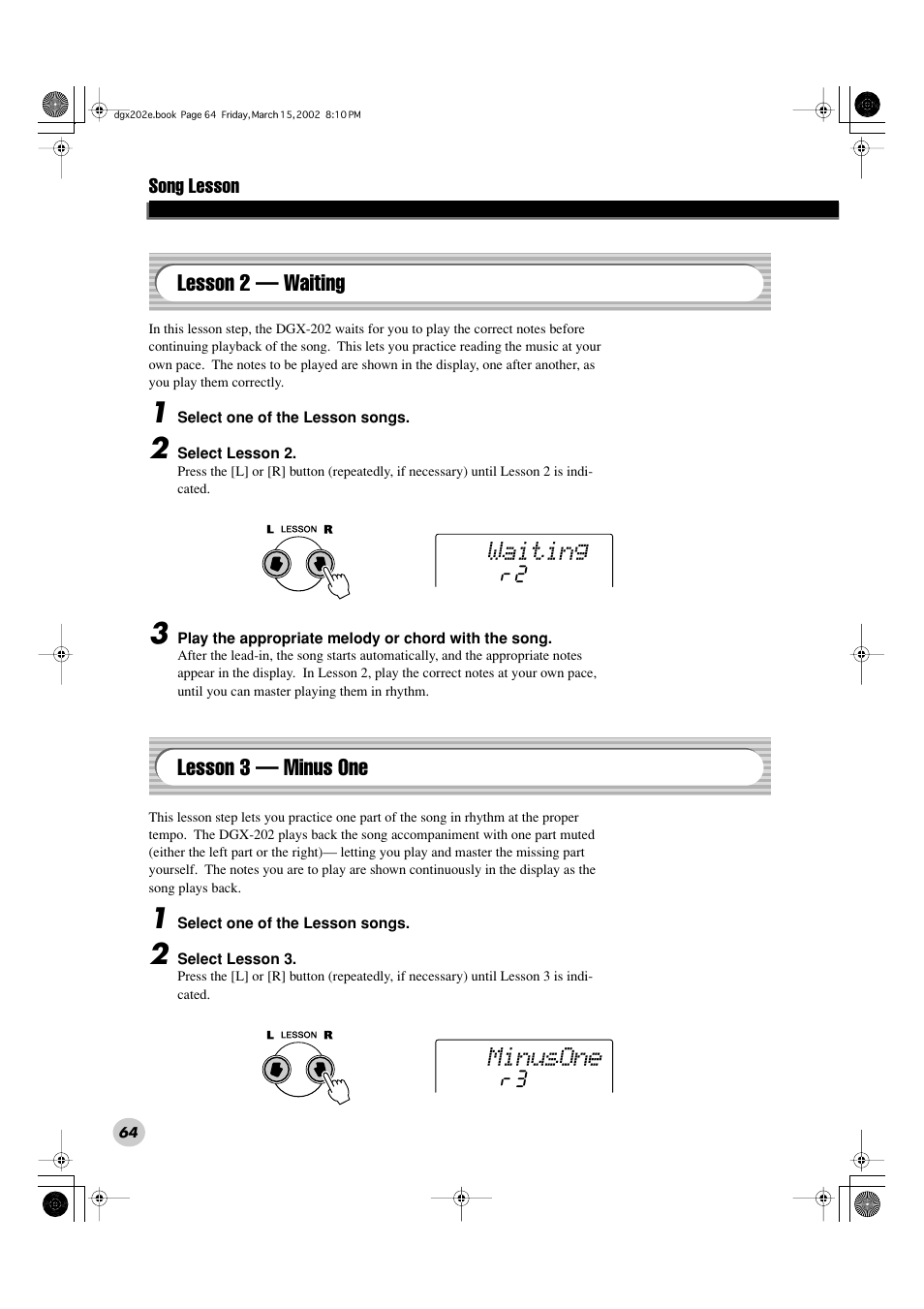 Waiting, Minusone, Lesson 2 — waiting | Lesson 3 — minus one | Yamaha DGX-202 User Manual | Page 64 / 98