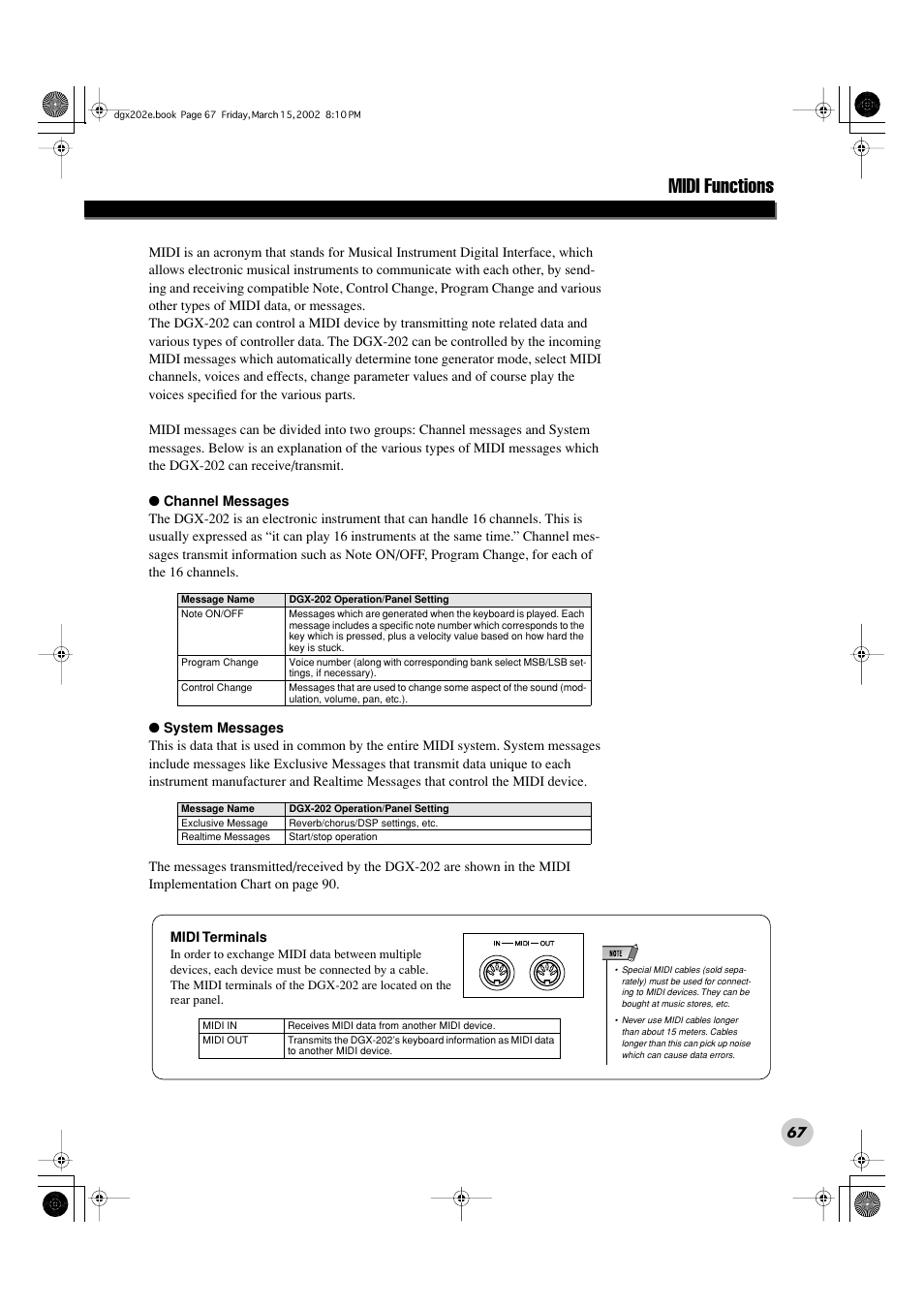 Midi functions | Yamaha DGX-202 User Manual | Page 67 / 98