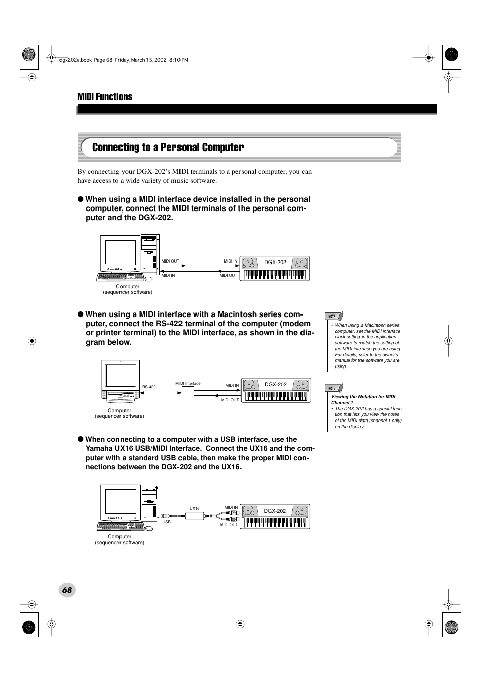 Connecting to a personal computer, Midi functions | Yamaha DGX-202 User Manual | Page 68 / 98