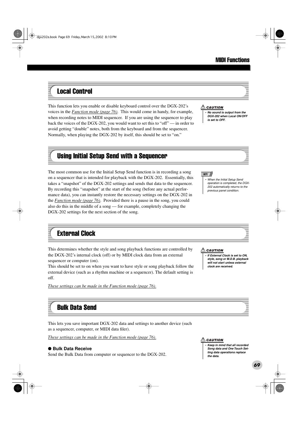 Local control, Using initial setup send with a sequencer, External clock | Bulk data send, Midi functions | Yamaha DGX-202 User Manual | Page 69 / 98