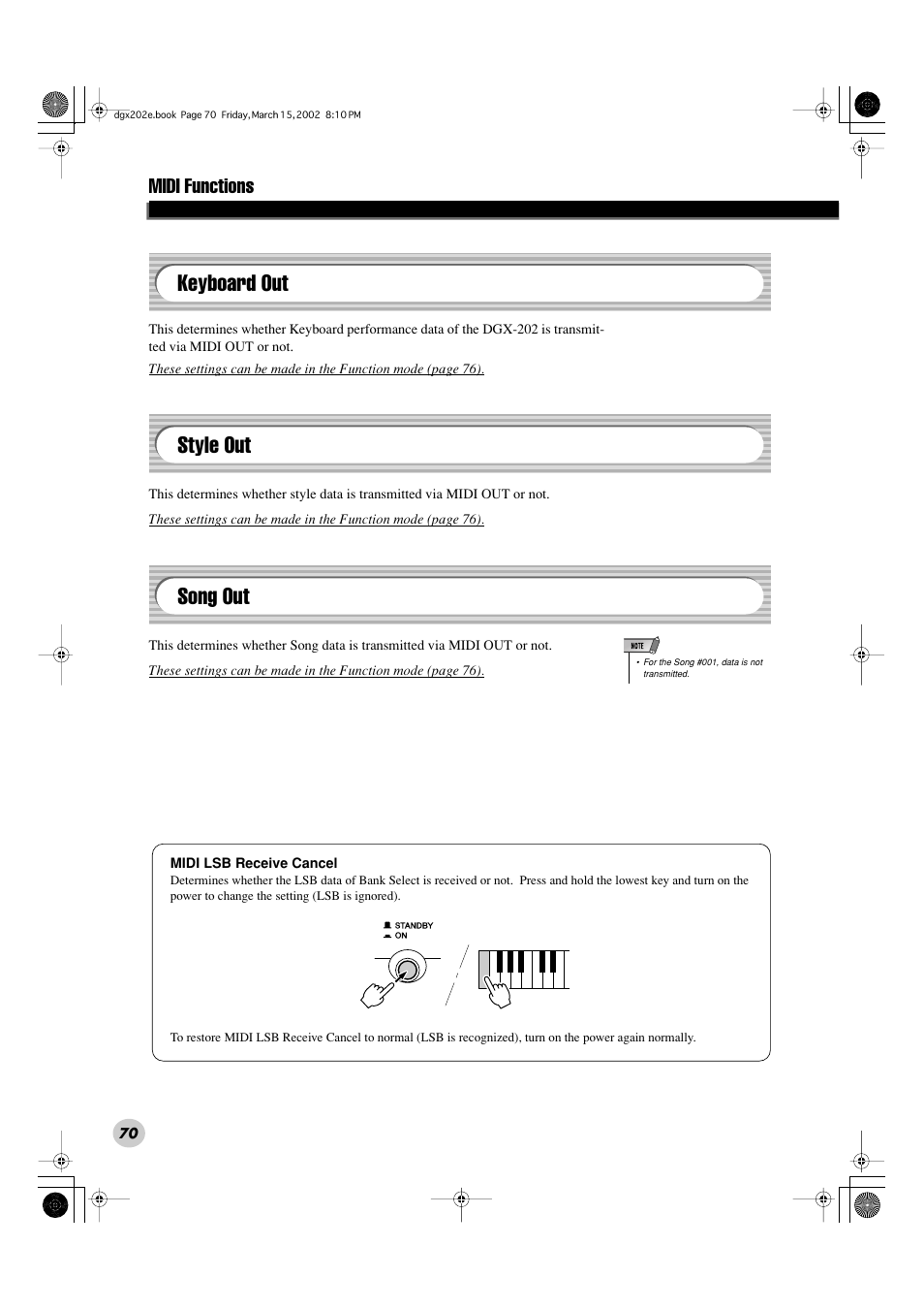 Keyboard out style out song out, Midi functions | Yamaha DGX-202 User Manual | Page 70 / 98