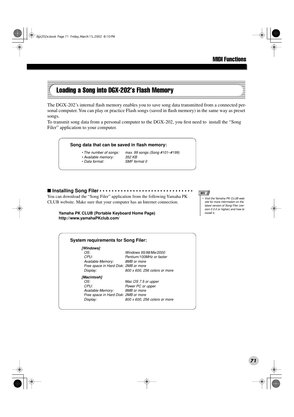 Midi functions | Yamaha DGX-202 User Manual | Page 71 / 98