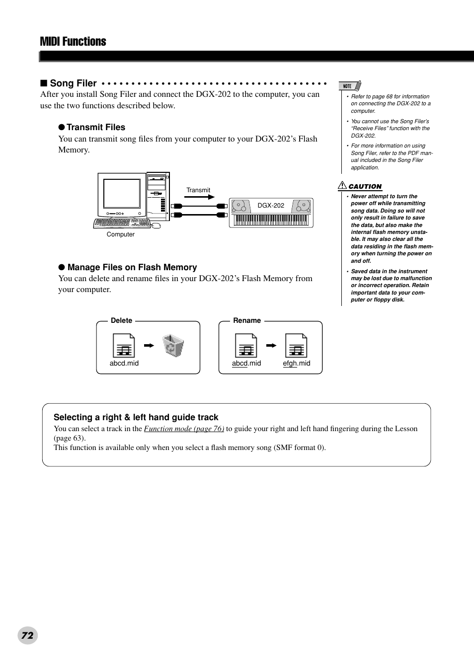 Midi functions | Yamaha DGX-202 User Manual | Page 72 / 98