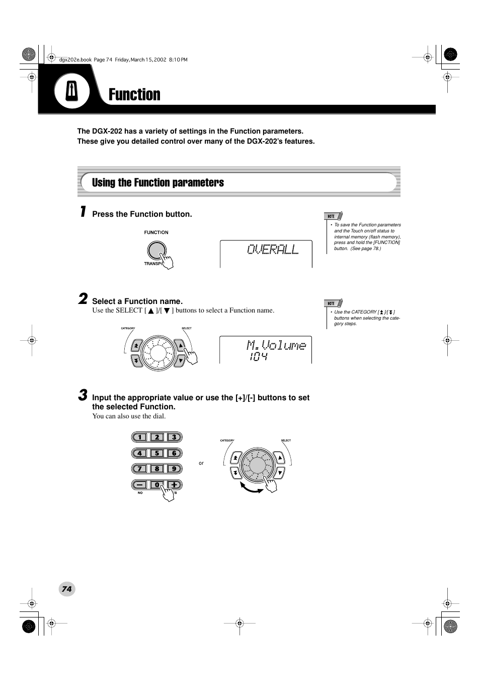 Function, Overall, M.volume | Using the function parameters | Yamaha DGX-202 User Manual | Page 74 / 98