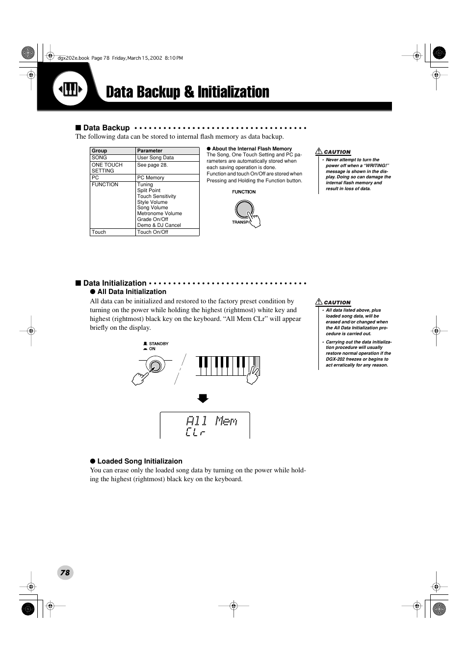 Data backup & initialization, All mem | Yamaha DGX-202 User Manual | Page 78 / 98