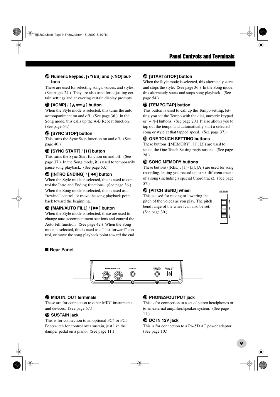 Panel controls and terminals | Yamaha DGX-202 User Manual | Page 9 / 98
