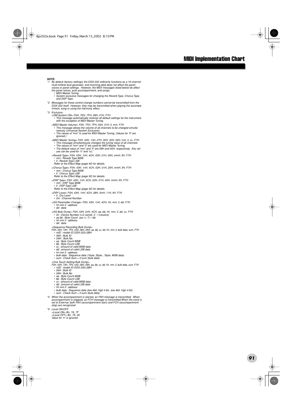 Midi implementation chart | Yamaha DGX-202 User Manual | Page 91 / 98