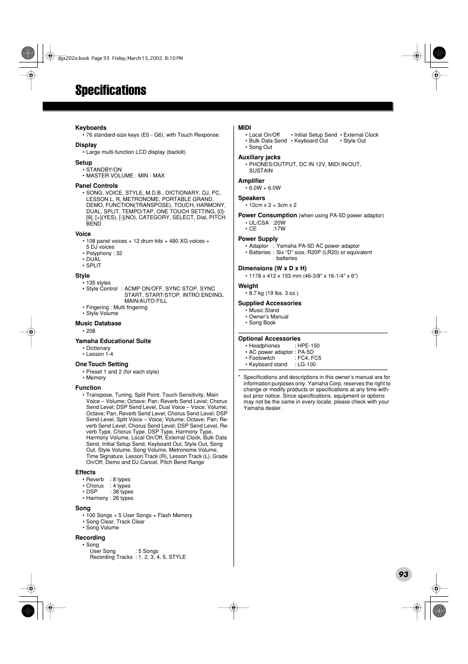 Specifications | Yamaha DGX-202 User Manual | Page 93 / 98