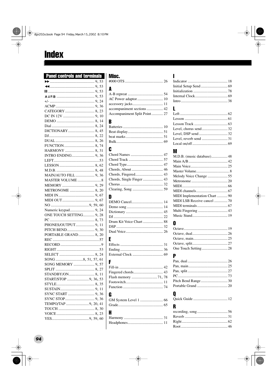 Index, Misc, Panel controls and terminals | Yamaha DGX-202 User Manual | Page 94 / 98