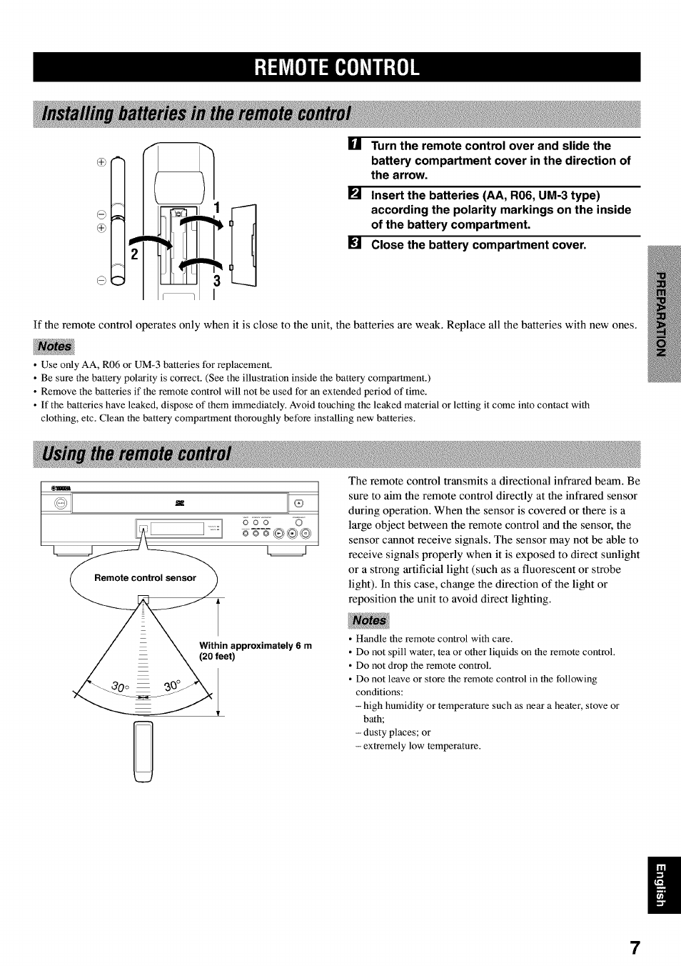 Remote control, Installing batteries in the remote control, El cióse the battery compartment cover | Using the remote controt, Using the remote control, Installing batteries in the remote control el | Yamaha DVD-C920 User Manual | Page 11 / 36