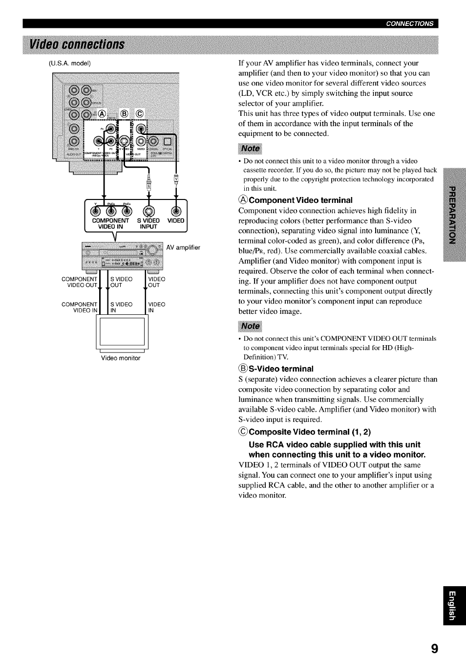 Video connections, Component video terminal, Ds-video terminal | Composite video terminal (1,2) | Yamaha DVD-C920 User Manual | Page 13 / 36