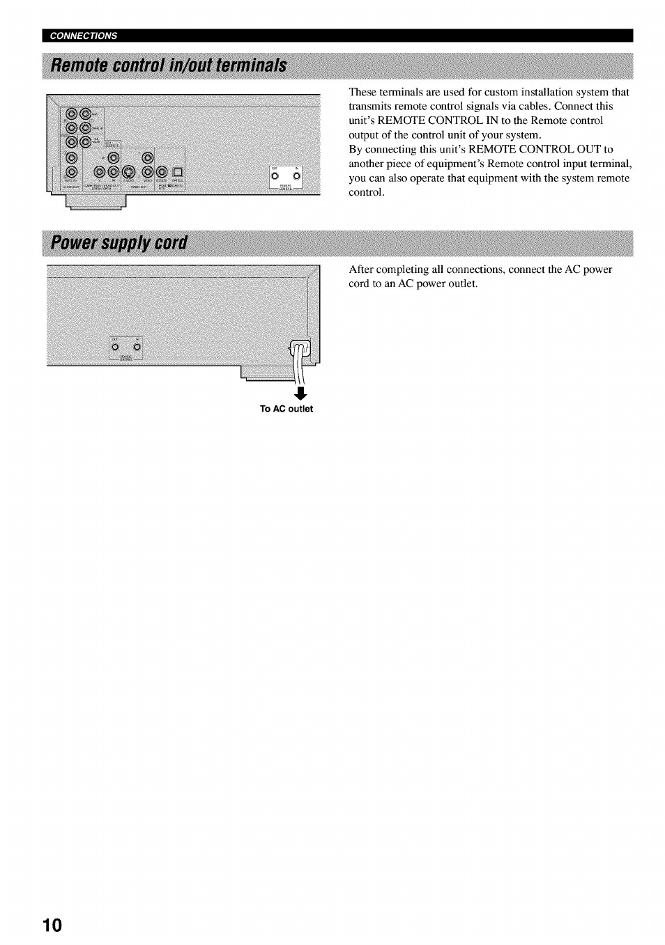 Remote control in/out terminals, Power supply cord, Remote control in/out terminals power supply cord | Yamaha DVD-C920 User Manual | Page 14 / 36