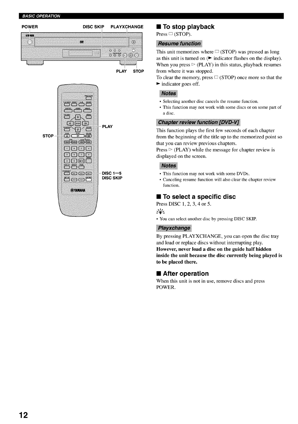 To stop playback, To select a specific disc, After operation | Yamaha DVD-C920 User Manual | Page 16 / 36