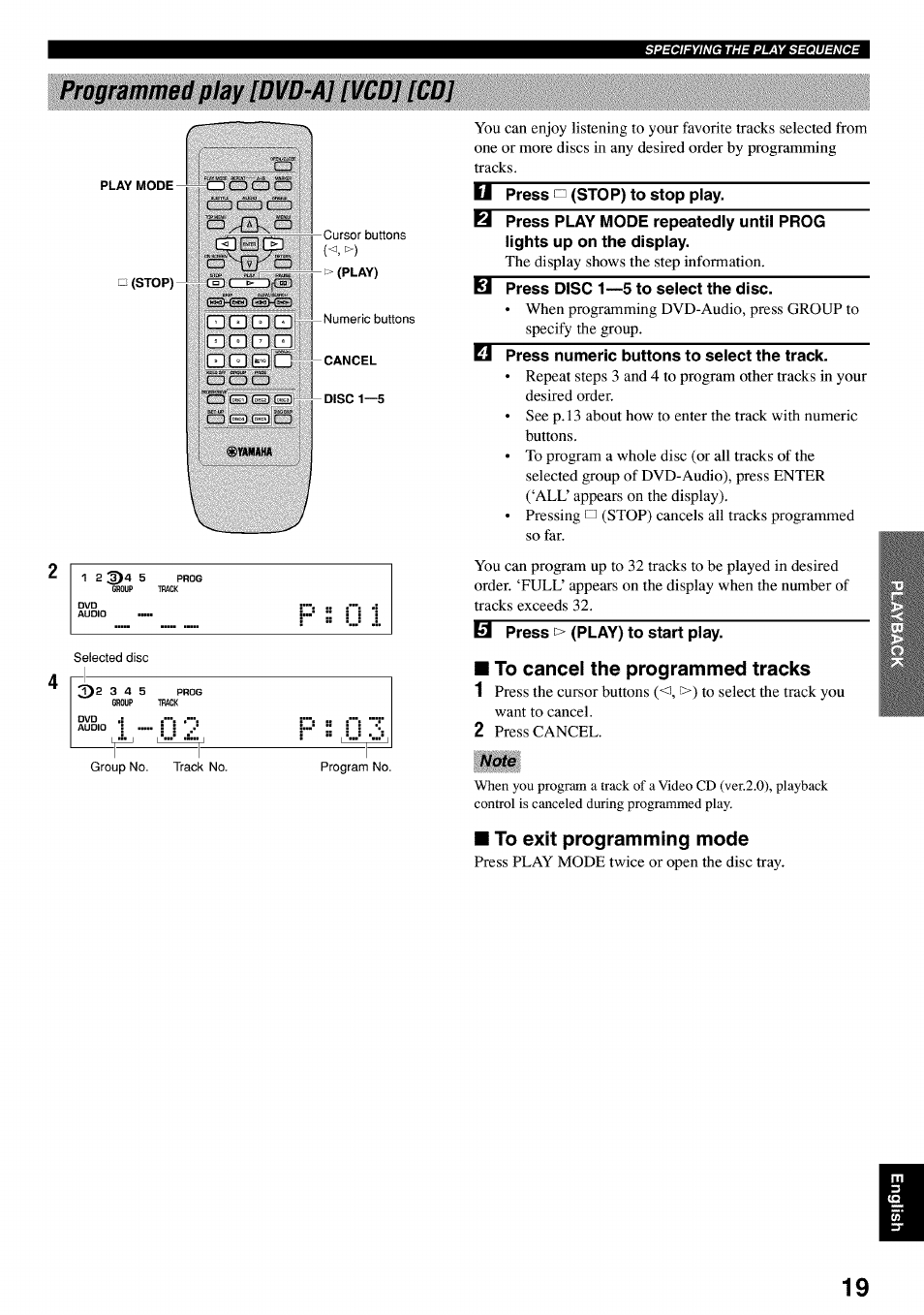 Programmed play [dvd-a] [vcd] [cd, Ii press n (stop) to stop play, Press play mode repeatedly until prog | Lights up on the display, El press disc 1—5 to select the disc, Ej press numeric buttons to select the track, Id press > (play) to start play, To cancel the programmed tracks, To exit programming mode | Yamaha DVD-C920 User Manual | Page 23 / 36