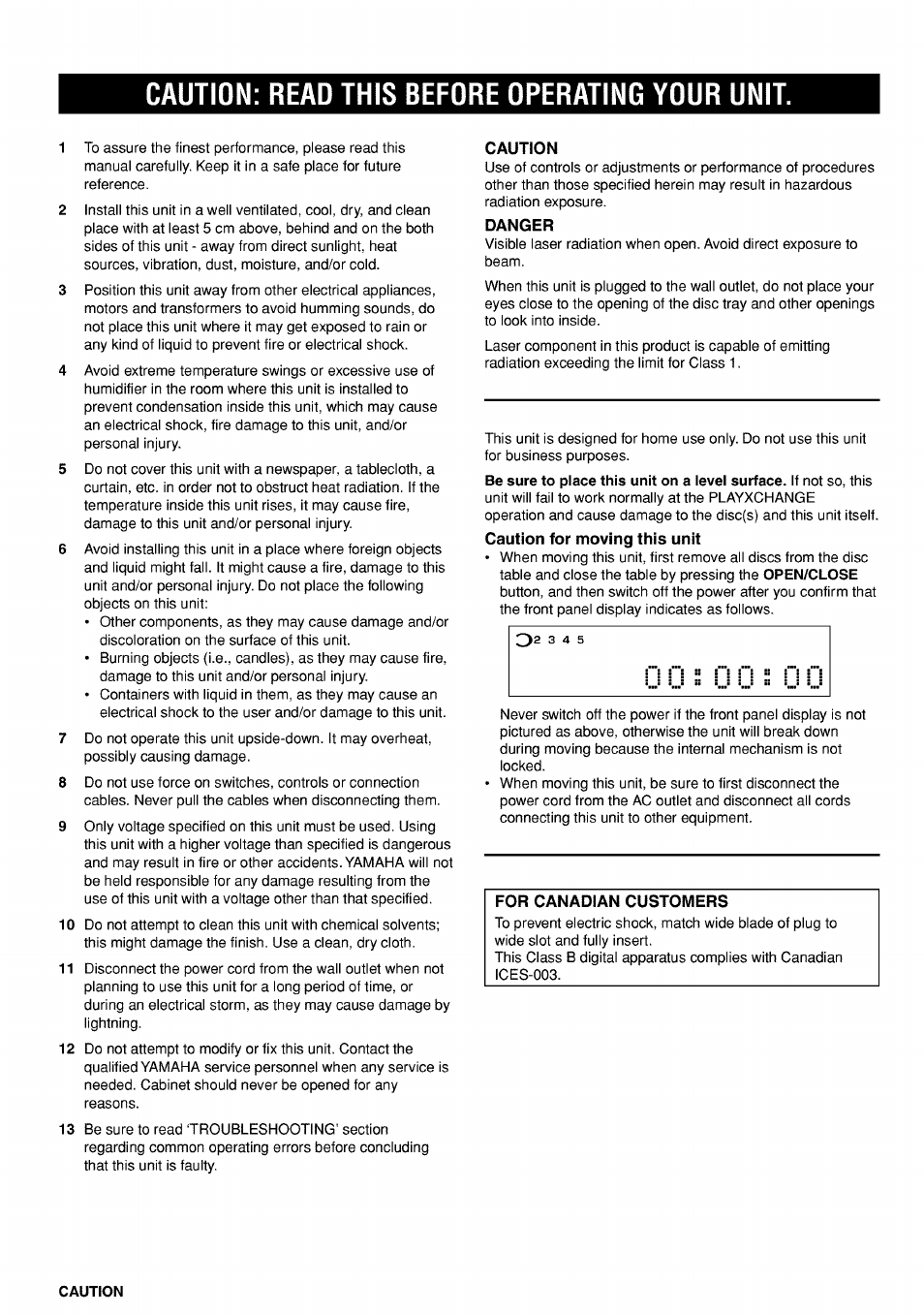 Caution: read this before operating your unit, Caution, Danger | Caution for moving this unit | Yamaha DVD-C920 User Manual | Page 4 / 36