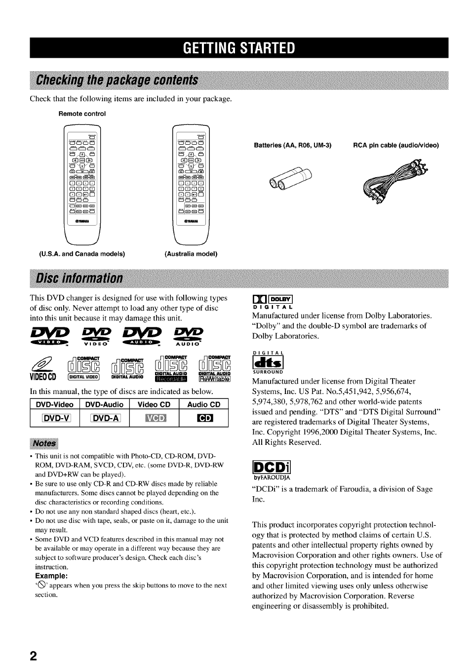 Getting started, Checking the package contents, Disc information | Pcpi, Cits, Video cd, Vioeo, Surround | Yamaha DVD-C920 User Manual | Page 6 / 36