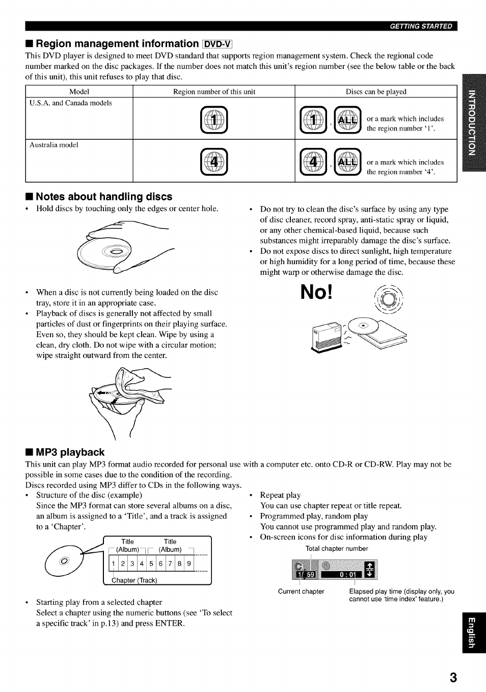 Notes about handiing discs, Mp3 playback, Region management information | Yamaha DVD-C920 User Manual | Page 7 / 36