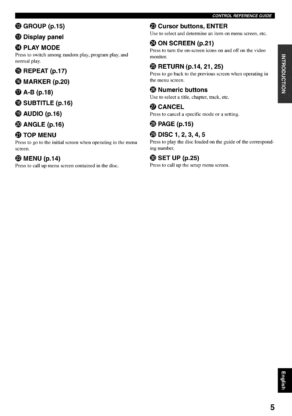 Ф group (p.15), Ф display panel ф play mode, Repeat (p.17) | Marker (p.20), A-b (p.18), Subtitle (p.16), Audio (p.16), Angle (p.16), Top menu, Menu(p.14) | Yamaha DVD-C920 User Manual | Page 9 / 36