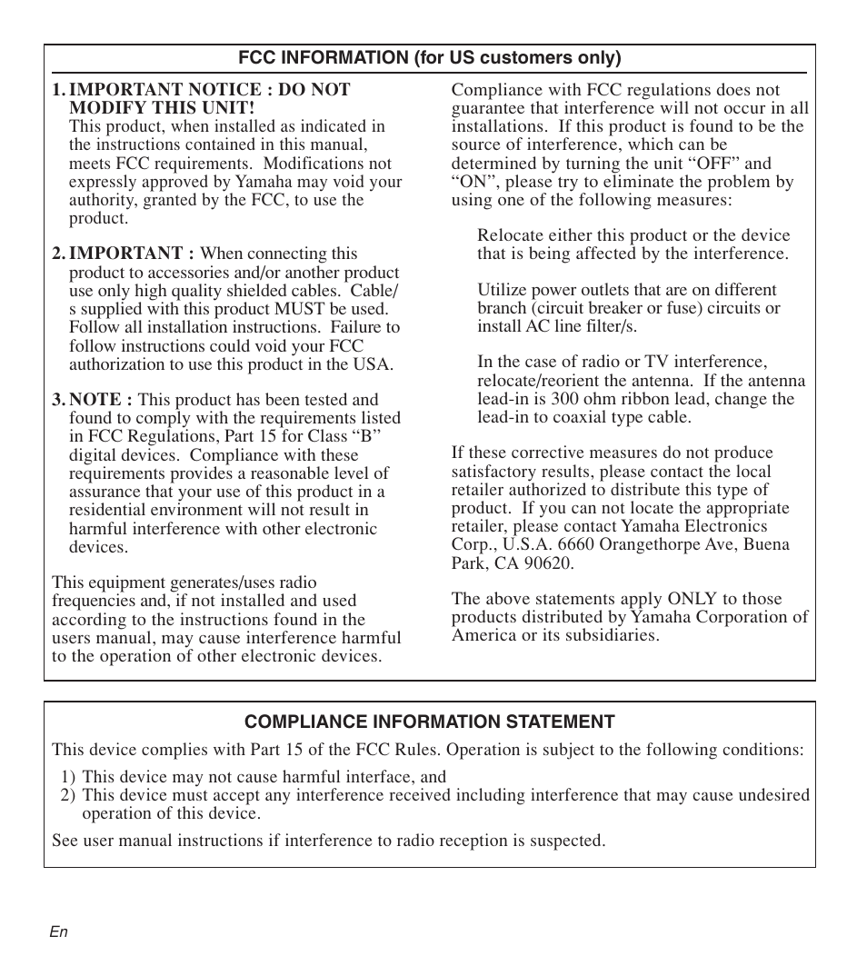 English, Fcc information (for us customers only), Compliance information statement | Yamaha YDS-11 User Manual | Page 2 / 9