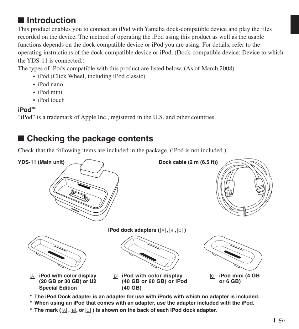 Introduction, Checking the package contents | Yamaha YDS-11 User Manual | Page 4 / 9