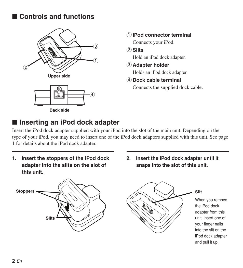 Controls and functions, Inserting an ipod dock adapter | Yamaha YDS-11 User Manual | Page 5 / 9