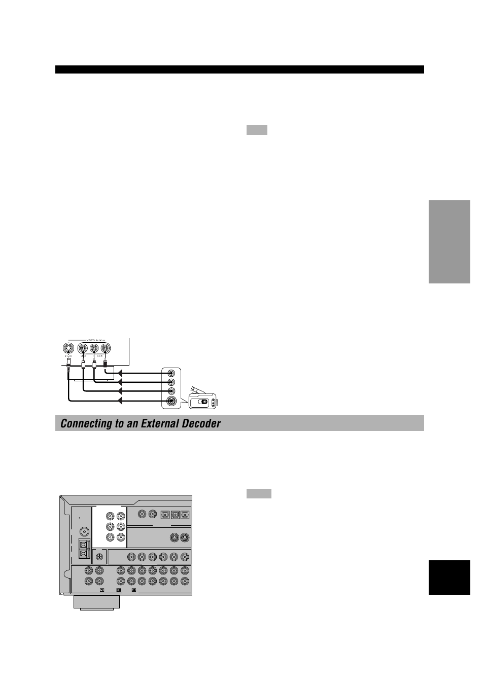 Connecting to an external decoder, Video terminals (composite), Tv monitor with a 21-pin connector | Video aux terminals (on the front panel) | Yamaha RX-V596RDS User Manual | Page 17 / 70