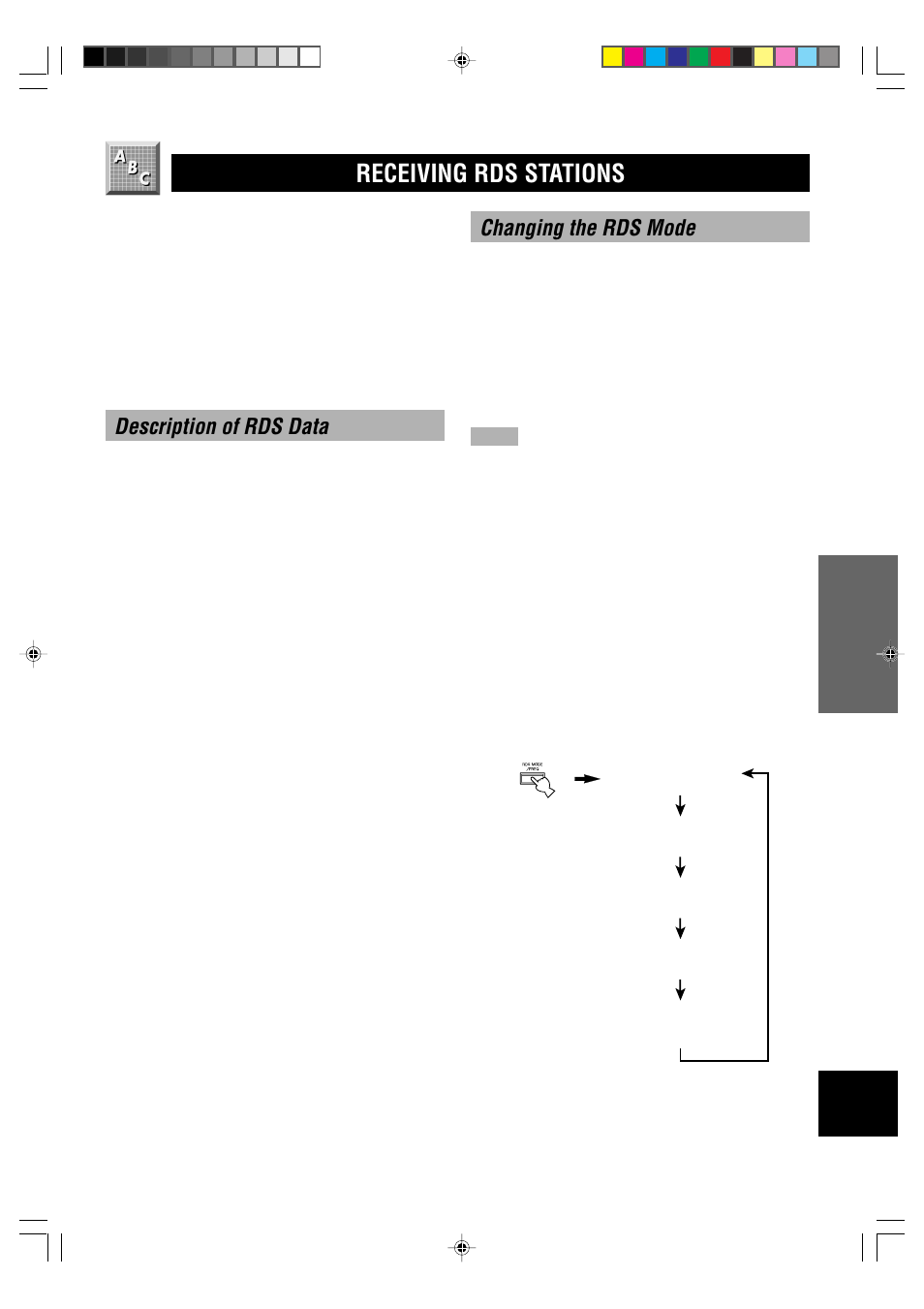 Receiving rds stations, Description of rds data, Changing the rds mode | Ps (program service name) mode, Pty (program type) mode, Rt (radio text) mode, Ct (clock time) mode, Eon (enhanced other networks) | Yamaha RX-V596RDS User Manual | Page 33 / 70