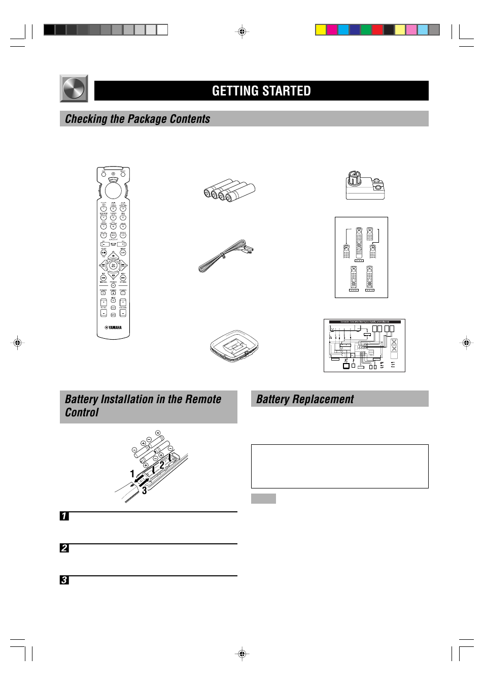 Getting started, Checking the package contents, Battery installation in the remote control 1 | Battery replacement | Yamaha RX-V596RDS User Manual | Page 4 / 70