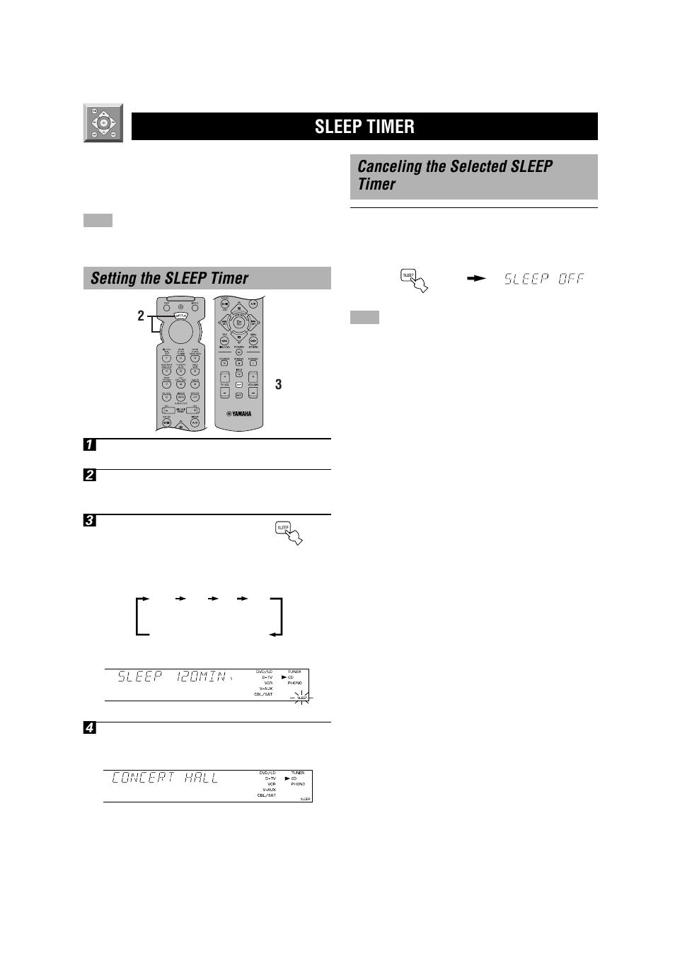 Sleep timer, Canceling the selected sleep timer, Setting the sleep timer 1 | Yamaha RX-V596RDS User Manual | Page 46 / 70