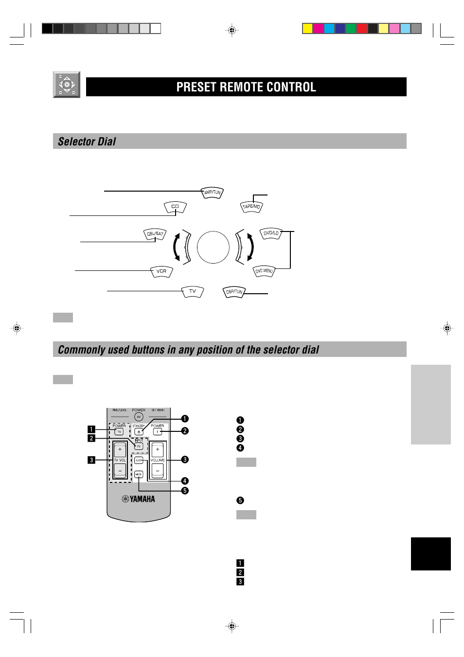 Preset remote control, Selector dial, Controlling this unit | Controlling your tv | Yamaha RX-V596RDS User Manual | Page 47 / 70