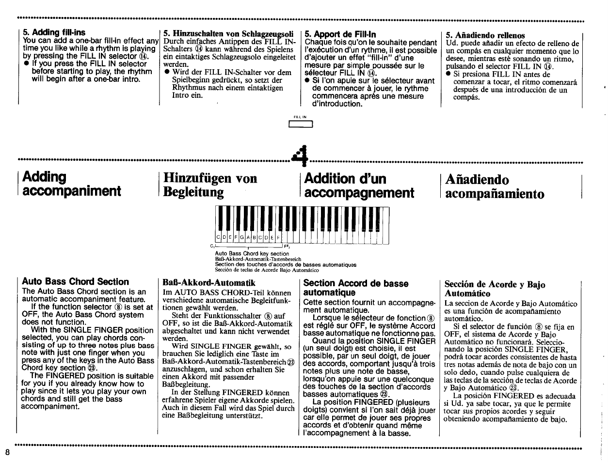 Adding fill-ins, Hinzuschalten von schlagzeugsoli, Apport de fill-in | Añadiendo rellenos, Baß-akkord-automatik, Sección de acorde y bajo automático, Baß-akkord-automatik), Sección de acorde y bajo, Automático), Adding accompaniment | Yamaha PortaSound PSS-460 User Manual | Page 10 / 24