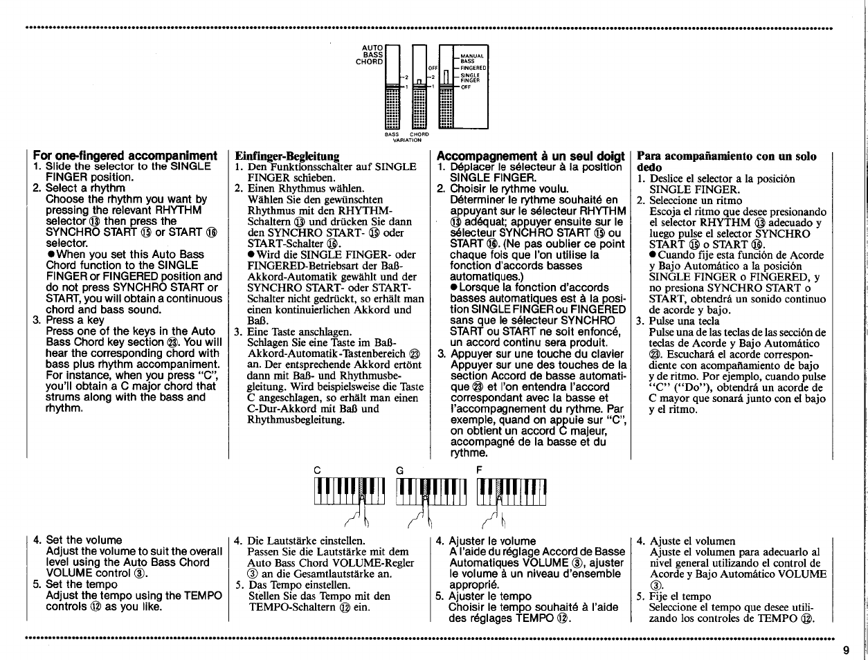 For one-fingered accompaniment, Accompagnement à un seul doigt, Para acompañamiento con un solo | Yamaha PortaSound PSS-460 User Manual | Page 11 / 24