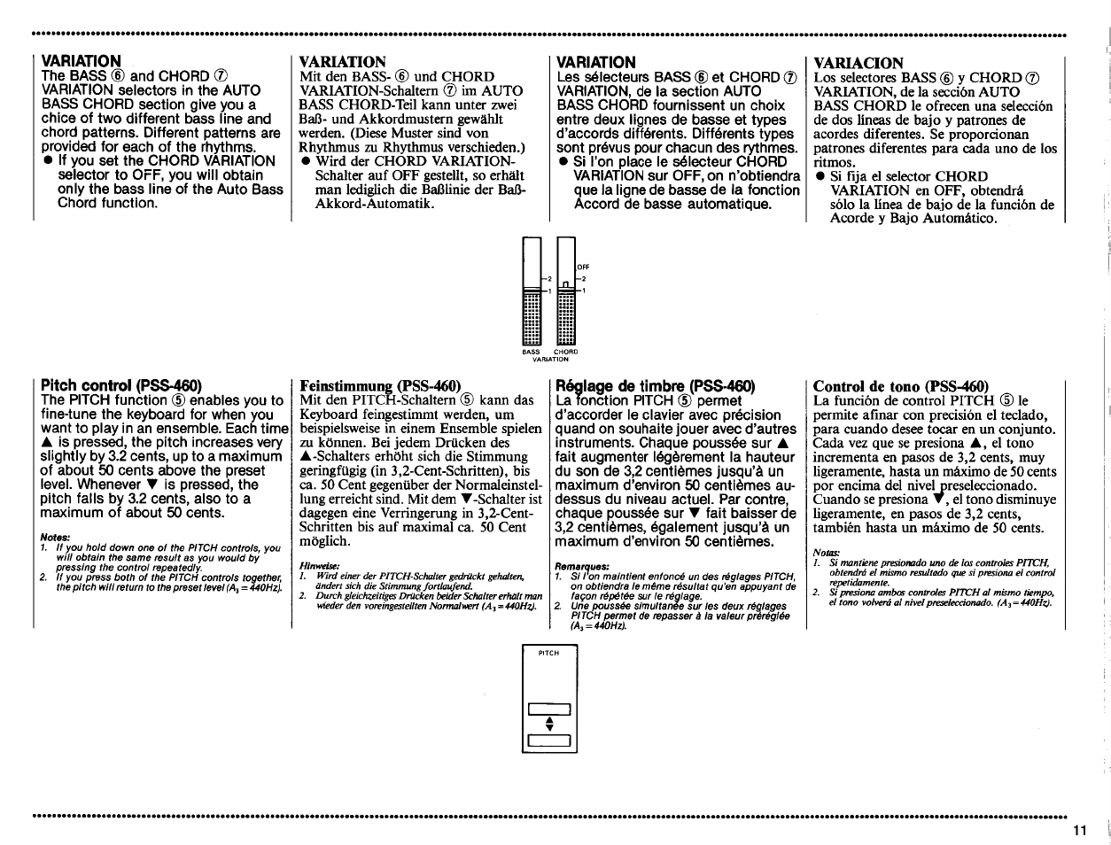 Variation, Variacion, Pitch control (pss^) | Feinstimmung (pss-460), Réglage de timbre (pss-460), Control de tono (pss-460) | Yamaha PortaSound PSS-460 User Manual | Page 13 / 24