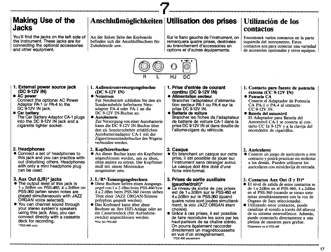 Casque, Prises de sortie auxiliaire, Making use of the jacks | Anschlußmögliclikeiten, Utilisation des prises, Utilización de los contactos | Yamaha PortaSound PSS-460 User Manual | Page 19 / 24