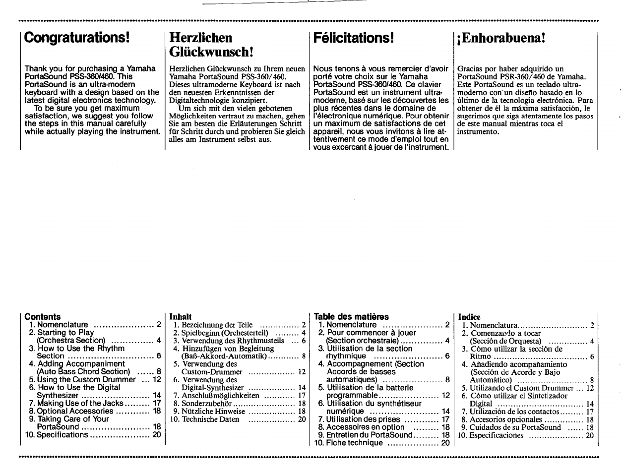 Herzlichen, Glückwunsch, Enhorabuena | Congraturations, Herzlichen glückwunsch, Félicitations | Yamaha PortaSound PSS-460 User Manual | Page 2 / 24