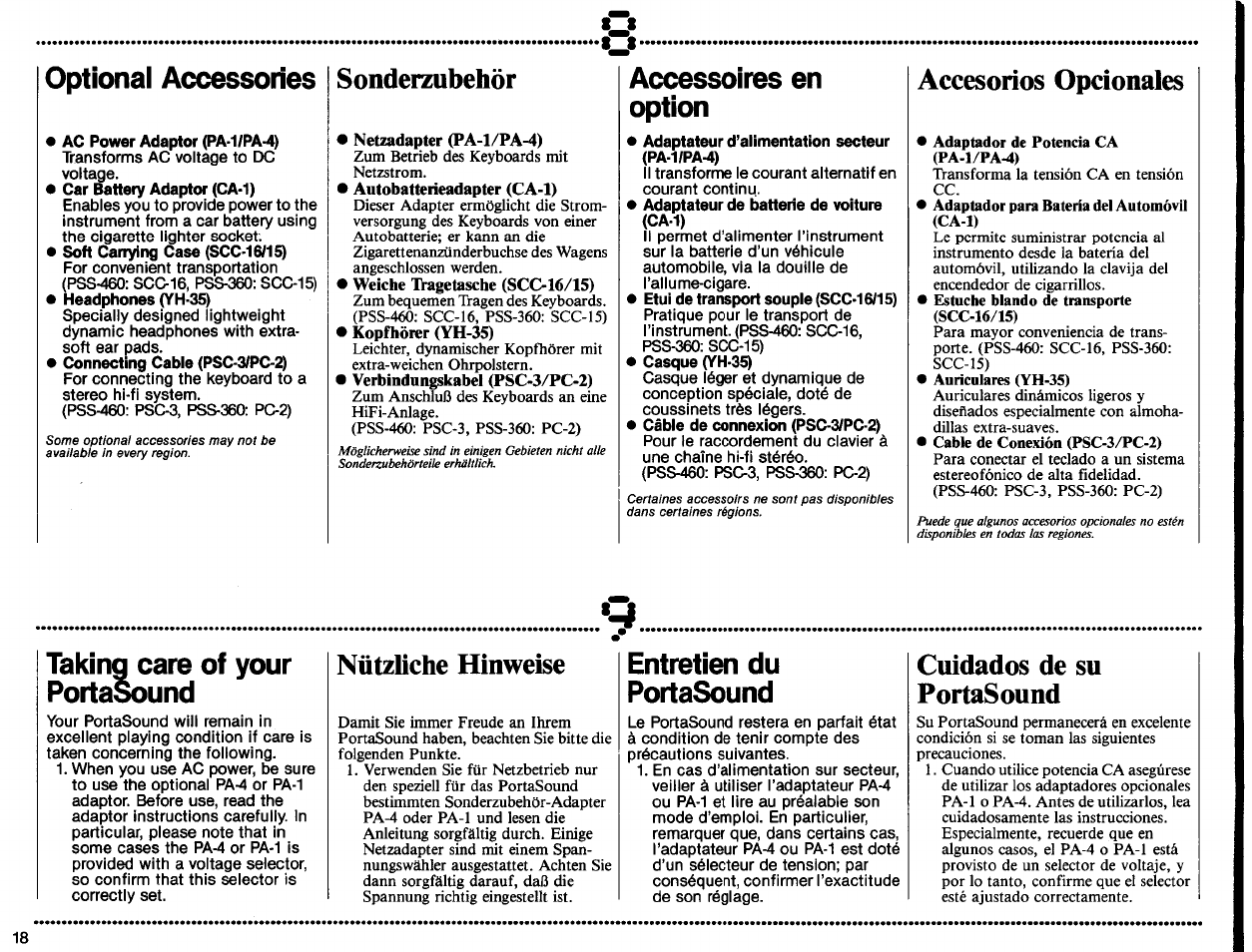 Optional accessories, Sonderzubehör, Accessoires en option | Accesorios opcionales, Taking care of your portasound, Nützliche hinweise, Entretien du portasound, Cuidados de su portasound | Yamaha PortaSound PSS-460 User Manual | Page 20 / 24