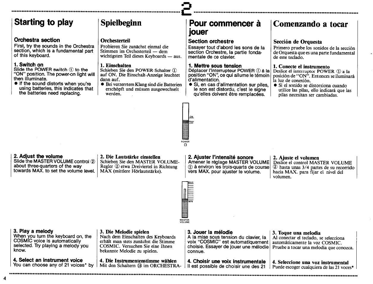 Switch on, Spielbeginn, Orchesterteil | Mettre sous tension, Comenzando a tocar, Sección de orquesta, Adjust the volume, Ajuster l’intensité sonore, Play a melody, Select an instrument voice | Yamaha PortaSound PSS-460 User Manual | Page 6 / 24