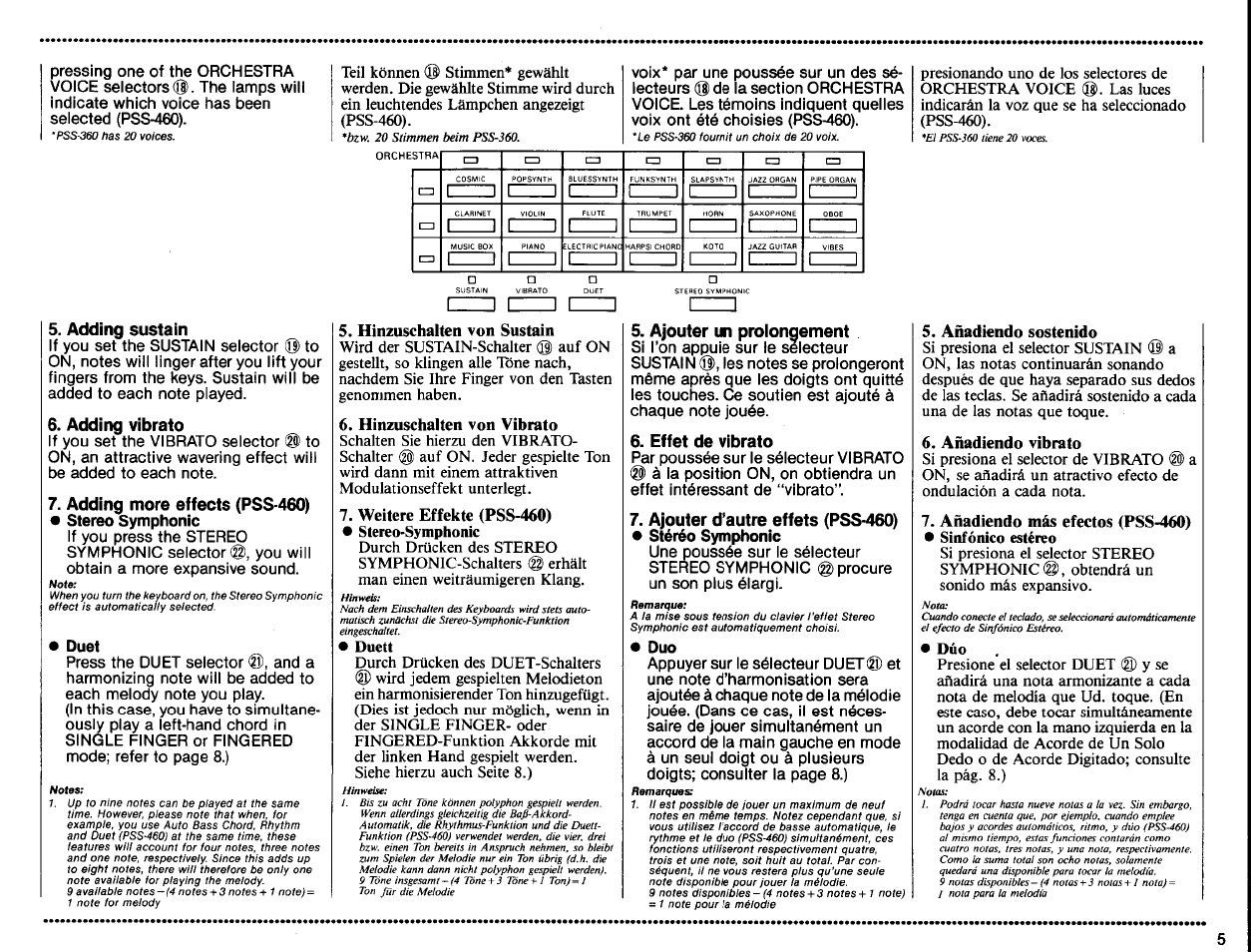 Adding sustain, Adding vibrato, Adding more effects (pss-460) | Duet, Hinzuschalten von sustain, Hinzuschalten von vibrato, Weitere effekte (pss-460), Ajouter un prolongement, Effet de vibrato, Ajouter d’autre effets (pss-460) | Yamaha PortaSound PSS-460 User Manual | Page 7 / 24