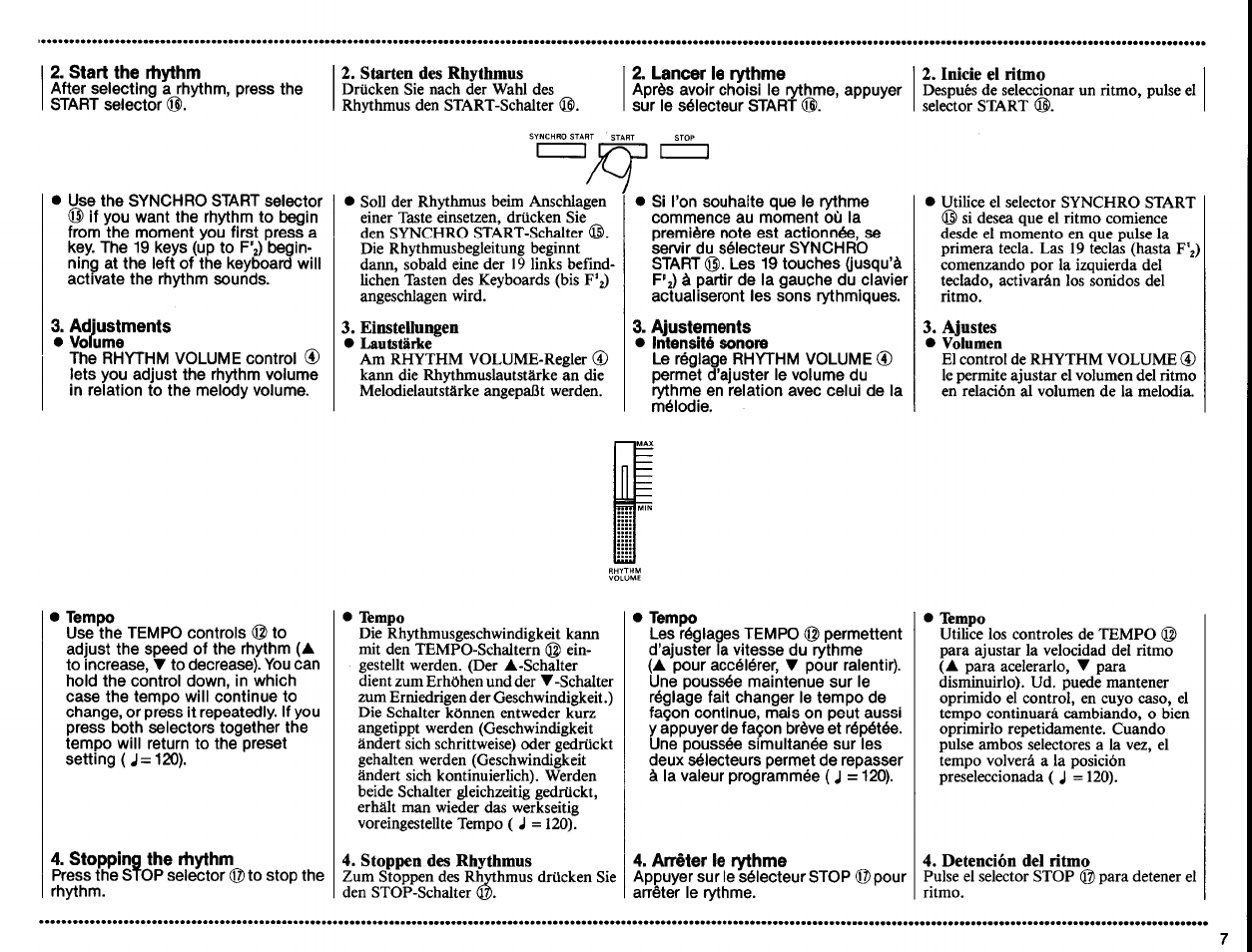 Start the rhythm, Lancer le rythme, Adjustments • volume | Stopping the rhythm, Arrêter le rythme | Yamaha PortaSound PSS-460 User Manual | Page 9 / 24