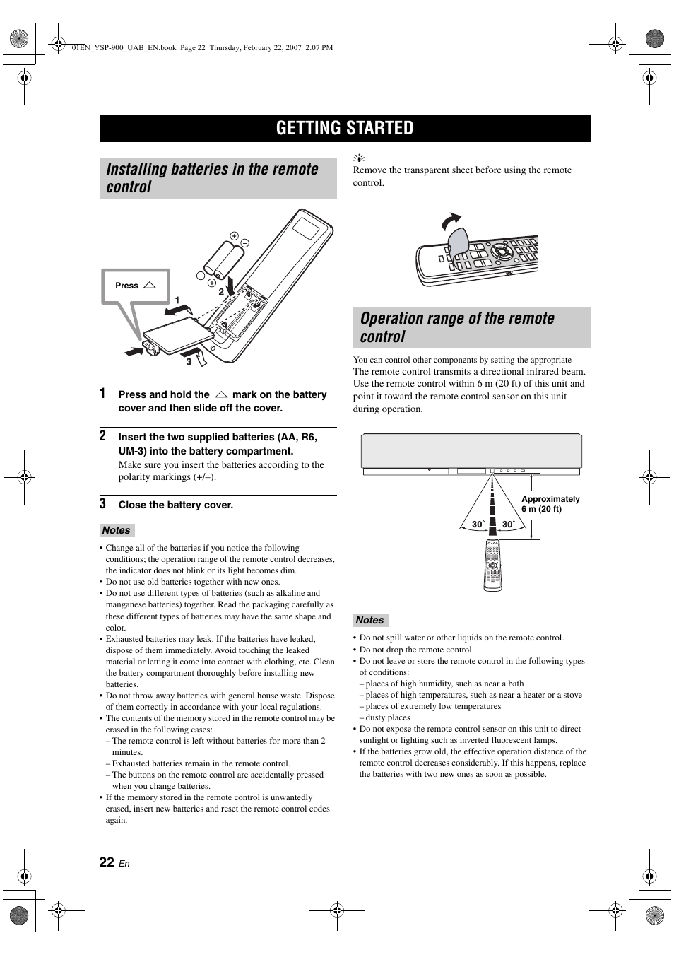 Setup, Getting started, Installing batteries in the remote control | Operation range of the remote control, Displaying the osd, The flow chart of set menu | Yamaha Digital Sound YSP-900 User Manual | Page 26 / 96