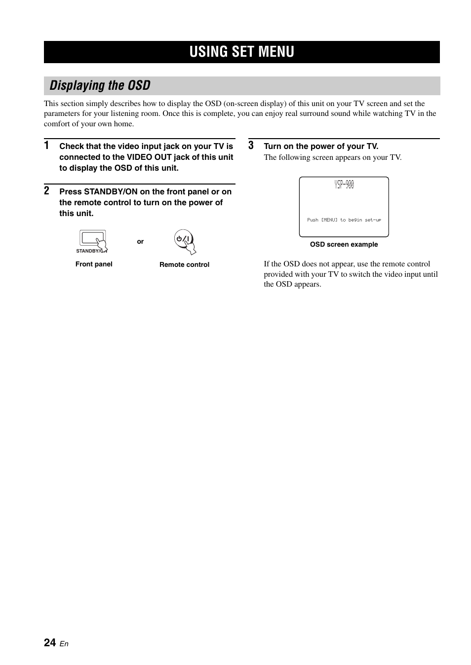Using set menu, Displaying the osd, Installing the optimizer microphone | Using auto setup (intellibeam), Ysp-900 | Yamaha Digital Sound YSP-900 User Manual | Page 28 / 96